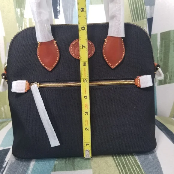 Dooney & Bourke Nylon Domed Satchel Crossbody In Black With Brown Leather Trim